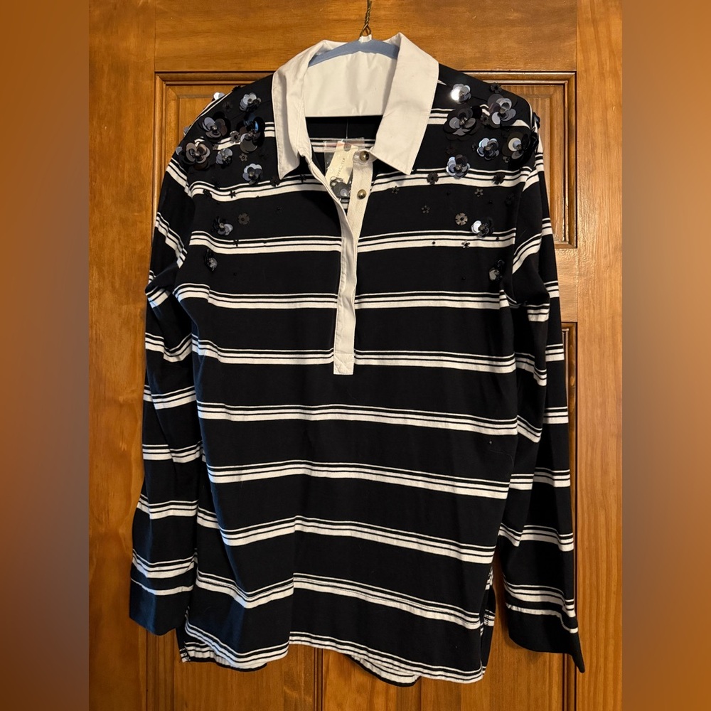 Anthropologie Black and White Striped Polo with Floral Details